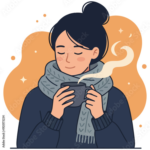 Cozy Winter Woman Smelling Hot Tea or Coffee – Flat Vector Illustration (White Background)