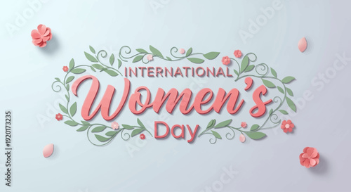 A beautiful flat design illustration showcasing elegant typography for International Women's Day, artfully combined with minimalist floral elements. 