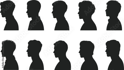 Ten male head silhouette profiles with diverse hairstyles and shapes, showcasing variations in hair texture, length, and styling for design, identity, and illustration projects