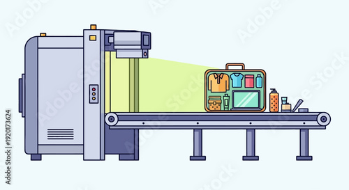 Illustration of luggage being scanned on a conveyor belt at airport security checkpoint