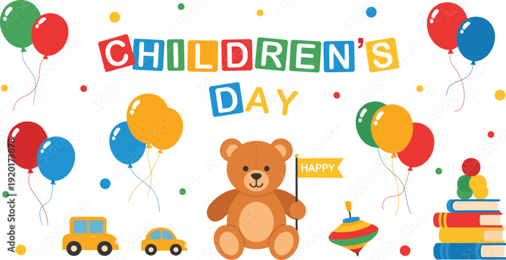 Fototapeta premium Vibrant Children's Day celebration with teddy bear and balloons