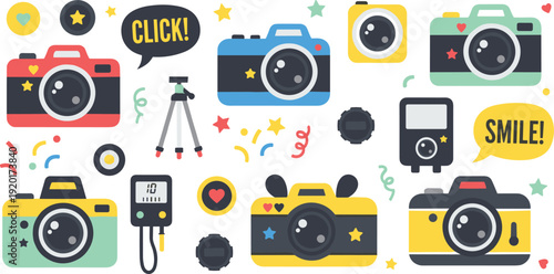 Vibrant camera icons with colorful design elements and speech bubbles