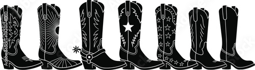 Black cowboy boot silhouette vector illustration featuring decorative Western designs, spurs, isolated background, perfect for stock content discoverability