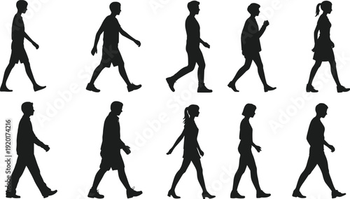 Ten walking human silhouettes in profile view, showcasing diverse postures, clothing styles, and body shapes for design, motion studies, gait analysis, and illustration projects