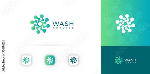 Laundry service logo, swirling droplets motion, clean fresh blue emblem design. Abstract washer vortex for branding, app icon, signage, packaging. Modern gradient minimal style. Vector illustration