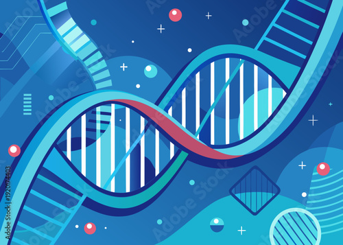 Dna double helix structure with futuristic blue background and scientific symbols