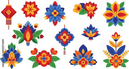 Vibrant floral designs and lantern for festive decor and cultural celebrations