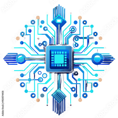 Circuit board with microchip and connections in shades of blue