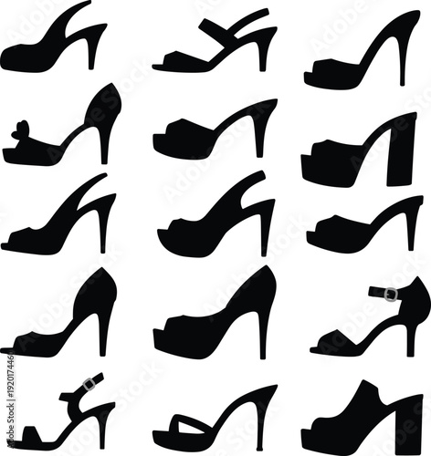 Black high heel shoes silhouettes collection isolated on white background, women fashion footwear icon set for retail, boutique branding, and design