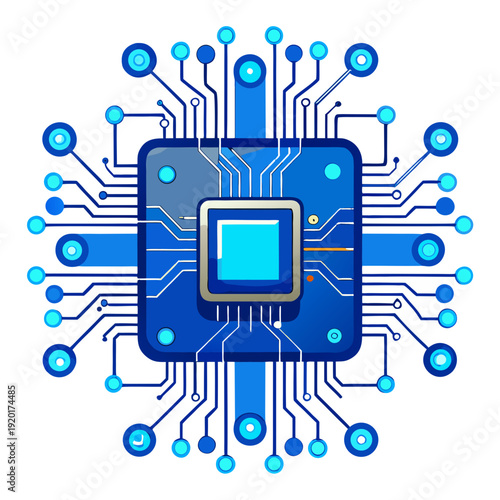 Blue microchip circuit board with glowing connections on white background