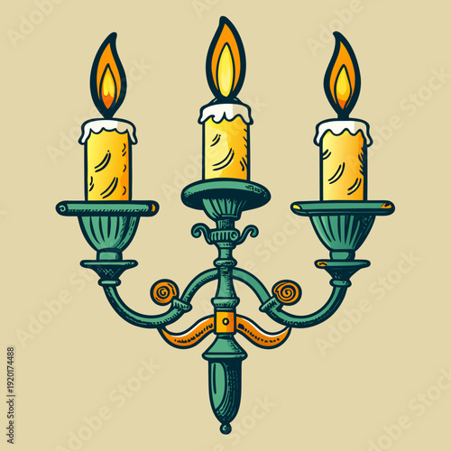Vintage style illustration of a three armed candelabra with lit candles