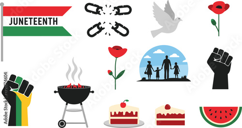 Vibrant Juneteenth celebration symbols and icons for freedom and unity