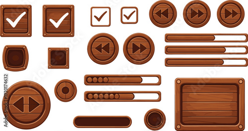 Wooden Game UI Elements Set with Buttons, Checkboxes, Sliders, Progress Bars, and Control Icons for Mobile Game Interface and Fantasy User Experience Design.
