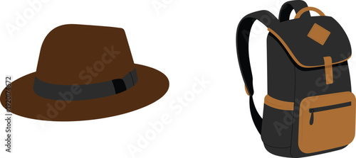 Brown fedora hat and modern backpack isolated on white background, stylish travel accessories and casual fashion items set