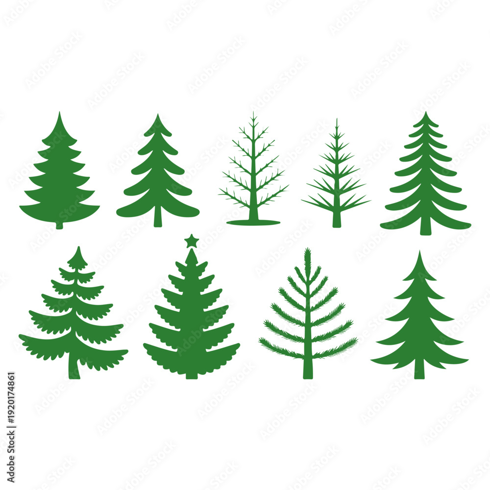 Obraz premium Various green pine tree silhouettes for nature designs
