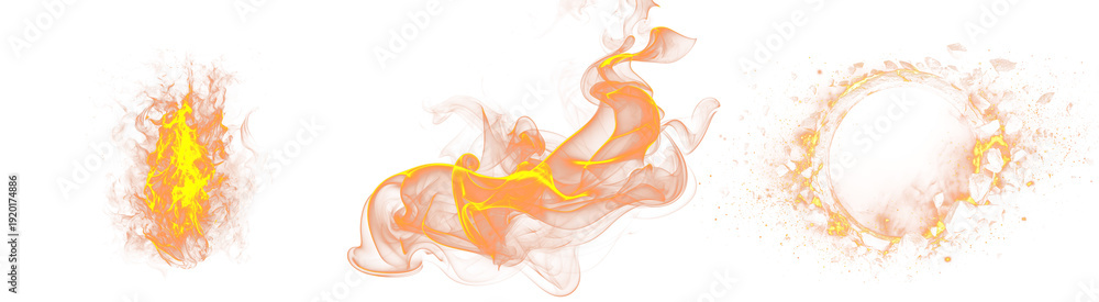 Fototapeta premium Fire and flame effect collection. Includes a single flame, abstract fire swirl, and sparkling fire ring. Created in realistic style with orange and yellow palette. isolated PNG with Transparent