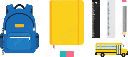 Vibrant school supplies collection with backpack and notebook