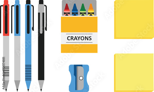Vibrant school supplies including colorful crayons and pens