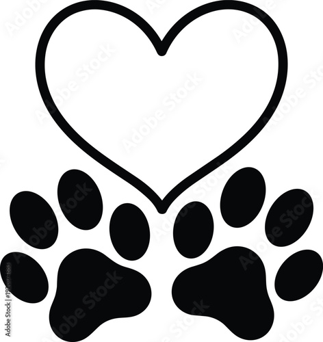 Black outline heart above two paw prints, pet love care affection concept, animal rescue veterinary illustration design