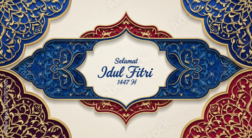 Horizontal banner with a white center and elaborate blue and red floral ornaments, featuring 