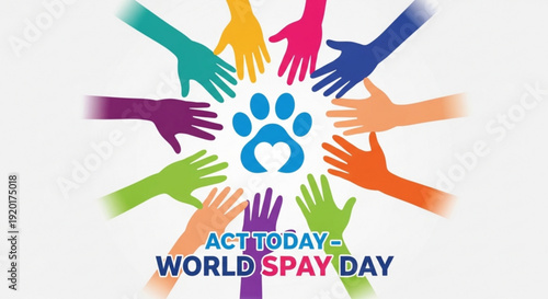 Hands around a blue paw print with heart on world spay day for pet care and animal welfare