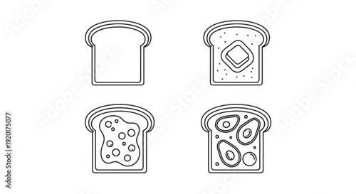 Four slices of bread with different toppings and spreads on a clean white background