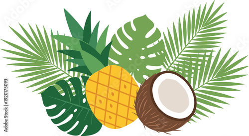 Vibrant tropical fruit arrangement with pineapple and coconut