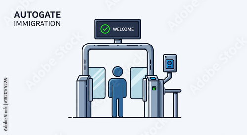 Person passing through automated immigration checkpoint with security scanner and digital screen displaying welcome message