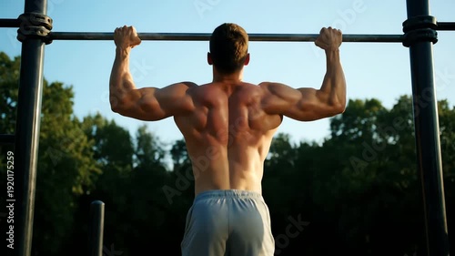 Muscular Man Doing Pull Ups on a Metal Bar Under Blue Sky and Lush Green Trees Showing Back and Shoulders Wearing Gray Shorts