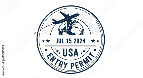Airplane Flying Over Globe with Entry Permit Stamp for USA on July 15, 2024