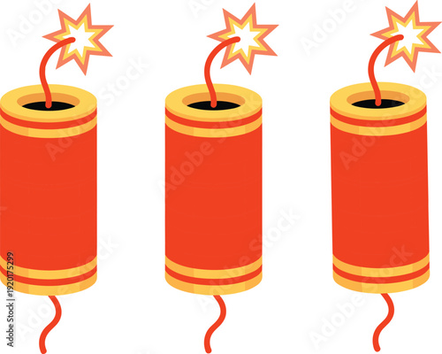 Cartoon dynamite bomb sticks with burning fuse explosive vector illustration set isolated on background for danger warning construction demolition and action design concepts