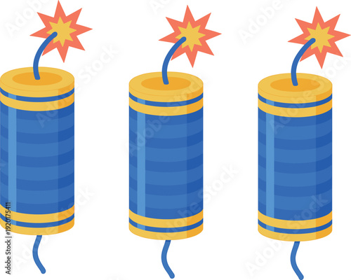 Cartoon firecracker explosive sticks with burning fuse colorful vector illustration set isolated on background for festival celebration danger warning and festive design concepts