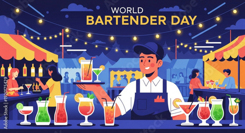 Bartender serving colorful cocktails on world bartender day at vibrant outdoor bar