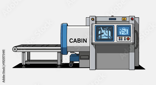 Industrial machine with conveyor belt and control panel operating in a manufacturing facility from a side viewpoint