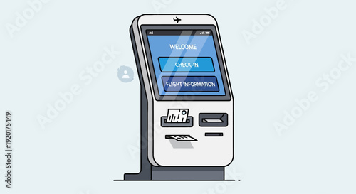 Illustration of a kiosk with a screen and card reader standing upright on a platform, viewed from the front