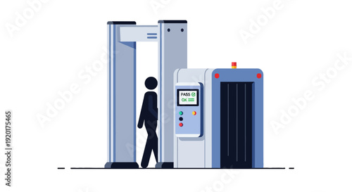 Person walking through security scanner at public venue, illustration of safety protocol in action