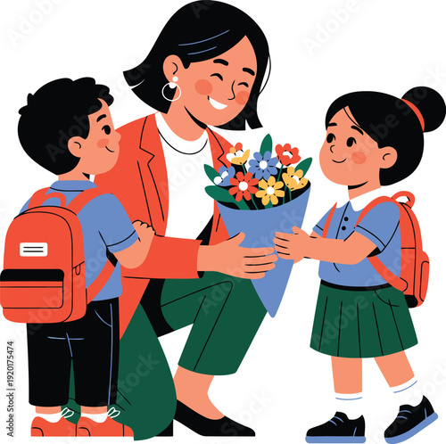 Teacher receiving flowers vector illustration.