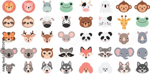 Cute Animal Faces Cartoon Vector Set with Lion, Panda, Fox, Elephant and Jungle Wildlife Characters