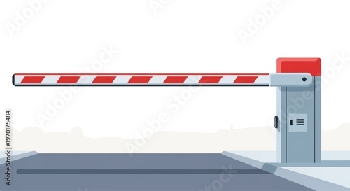 Barrier arm at entrance with red and white stripes controlling access to restricted area, viewed from outside