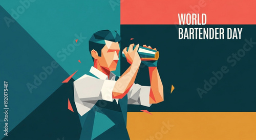 Bartender in action shaking cocktail on world bartender day with colorful background