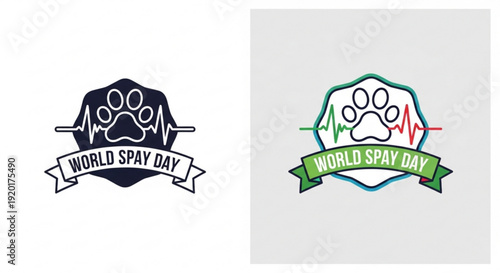 World spay day logos with paw print and heartbeat line on gray background