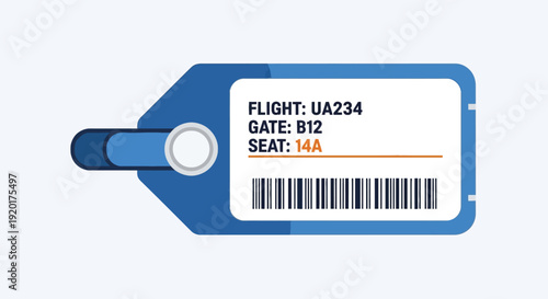 A blue airline luggage tag with flight information and barcode on a white background