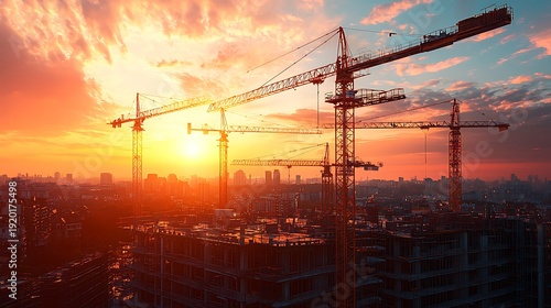 Engineering construction project with cranes under cloudy sunset image