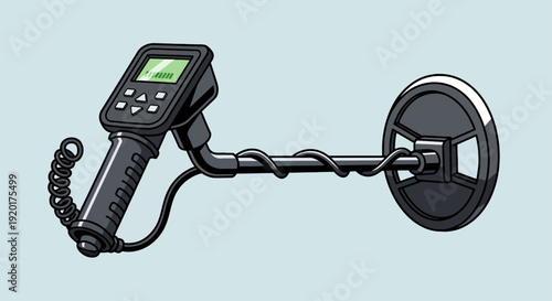 A black metal detector with a green screen illustration on a pale background