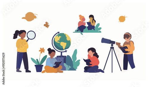 Children discovering and exploring the world flat vector illustration concept