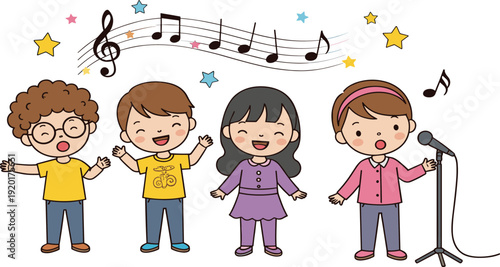 Cute Kids Singing Cartoon Vector Illustration with Happy Children Choir and Microphone Music Performance Scene