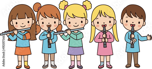 Cute Kids Playing Flute and Recorder Cartoon Vector Set with Happy Children Music Characters Isolated