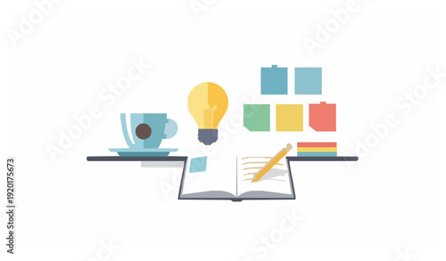 Brainstorming session vector illustration with coffee cup and lightbulb idea concept