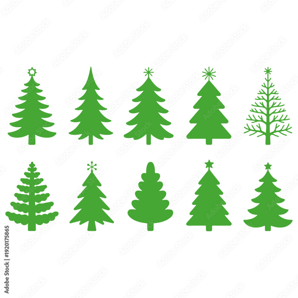 Obraz premium Variety of green Christmas trees with ornaments and decorations