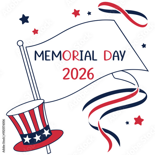 Memorial Day 2026 Patriotic Illustration with Flag and Uncle Sam Hat
